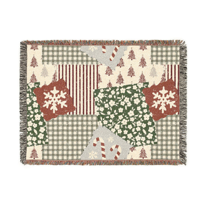 Christmas Patchwork Woven Blanket, Red Sage Floral Gingham Cotton Throw, Rustic Holiday Sofa Decor