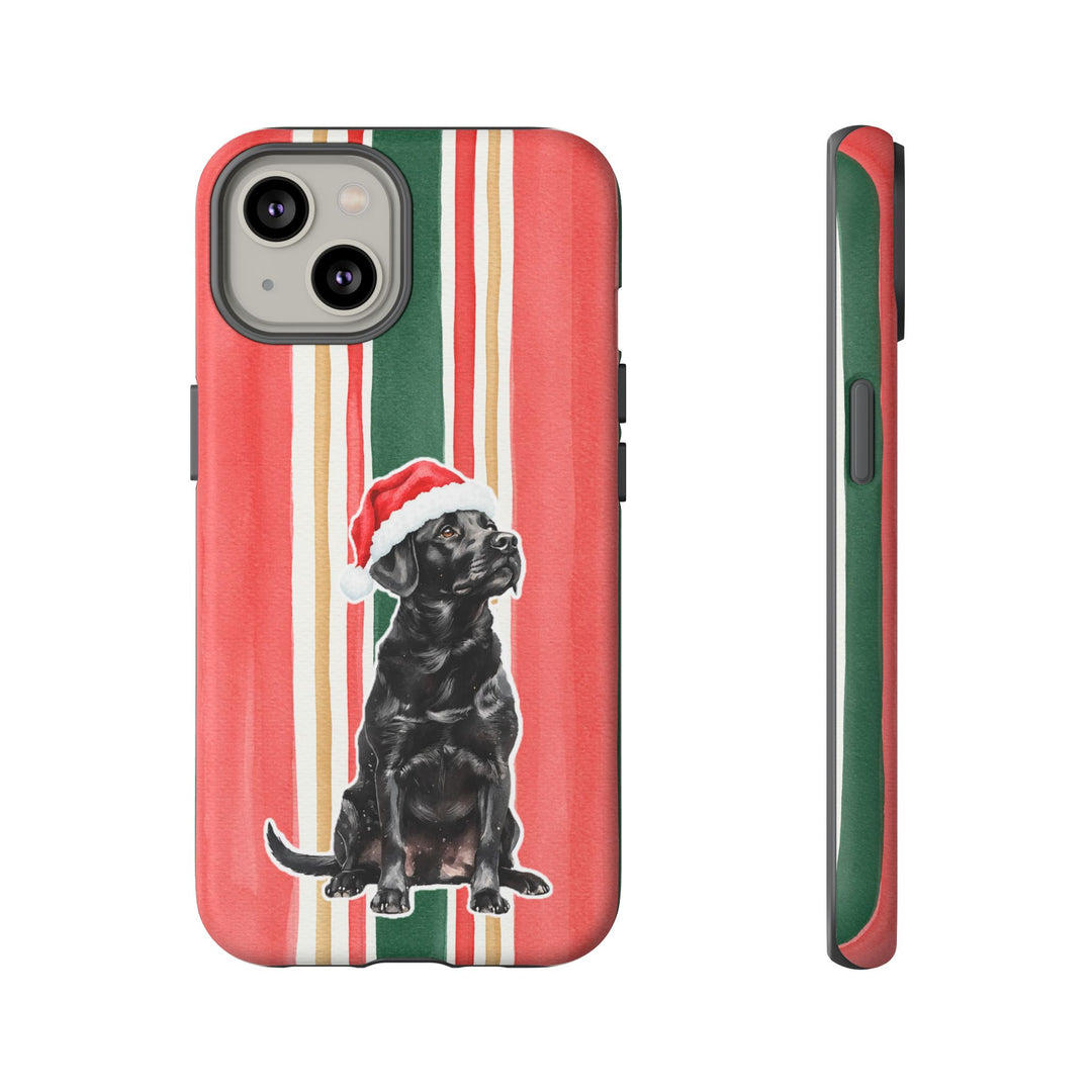 Black Labrador Christmas Tough iPhone Case, Classic Red Green Stripes, Santa Dog Phone Cover