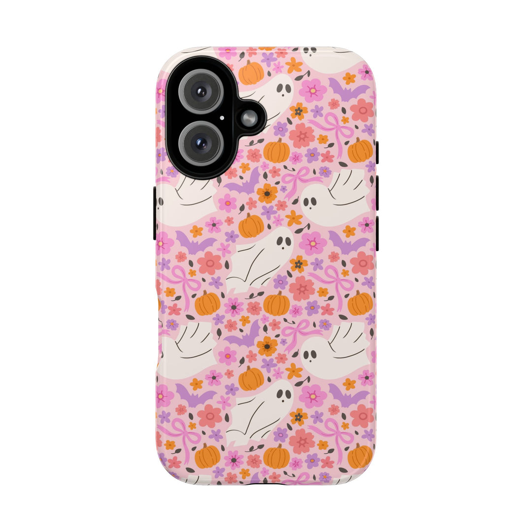 Pink Floral Ghost Tough iPhone Case, Cute Halloween Pumpkin Bat Phone Cover, Matte or Glossy