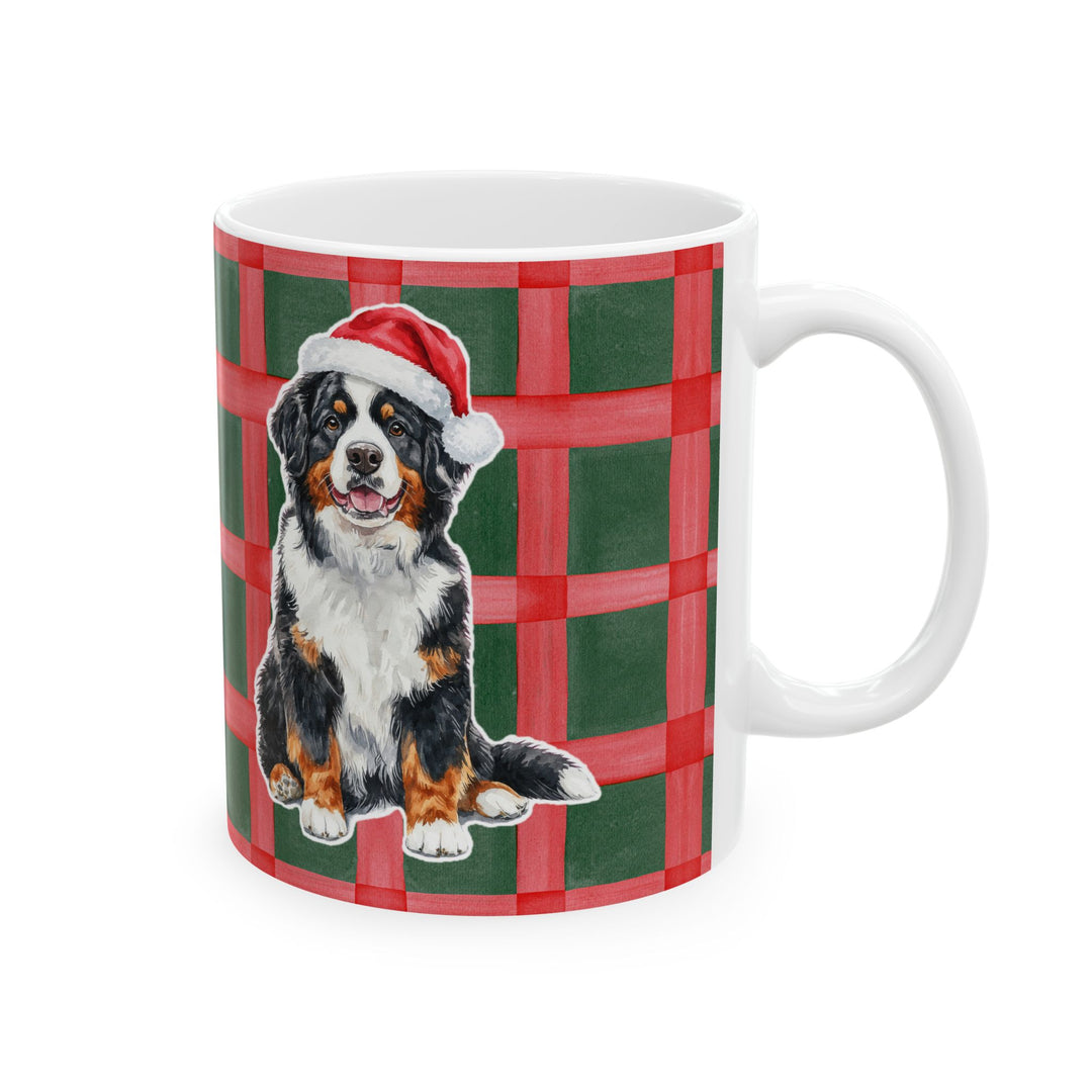 Bernese Mountain Dog Christmas Mug, Red Green Plaid, 11oz White Ceramic