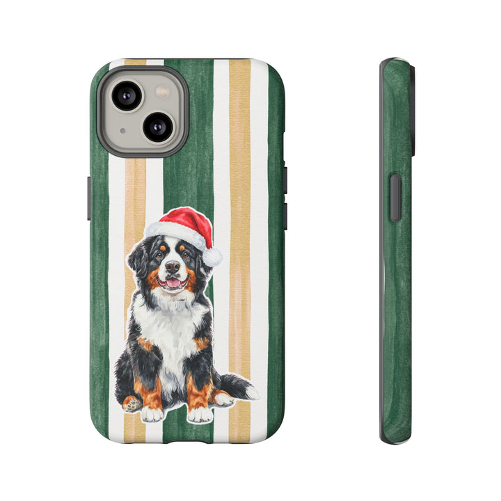 Bernese Mountain Dog Christmas Tough iPhone Case, Green Gold Stripes, Santa Dog Phone Cover