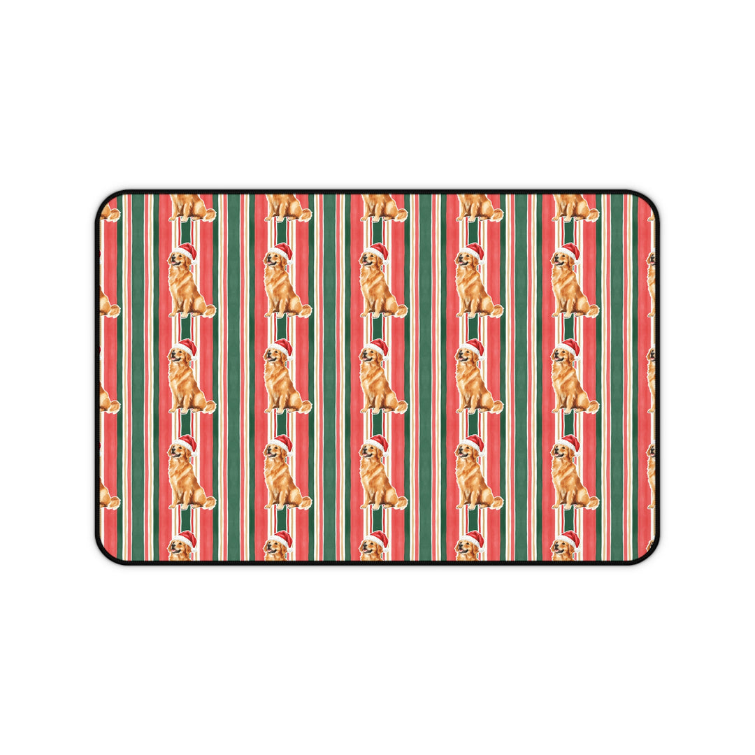 Golden Retriever Christmas Desk Mat, Classic Red Green Stripes, Santa Dog Desk Pad