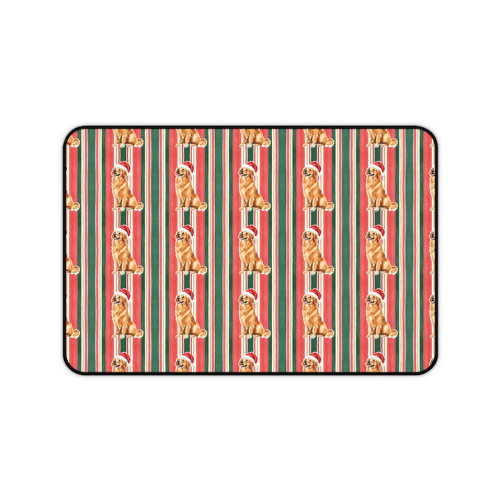 Golden Retriever Christmas Desk Mat, Classic Red Green Stripes, Santa Dog Desk Pad