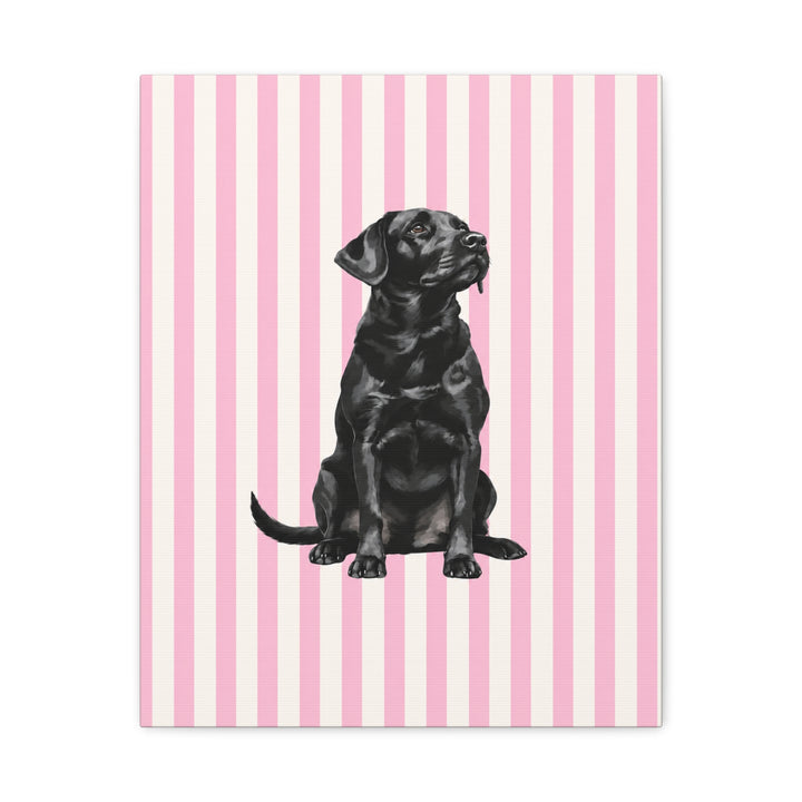 Black Lab Canvas Wall Art, Pink Stripe Labrador Stretched Canvas, Lab Mom Gift