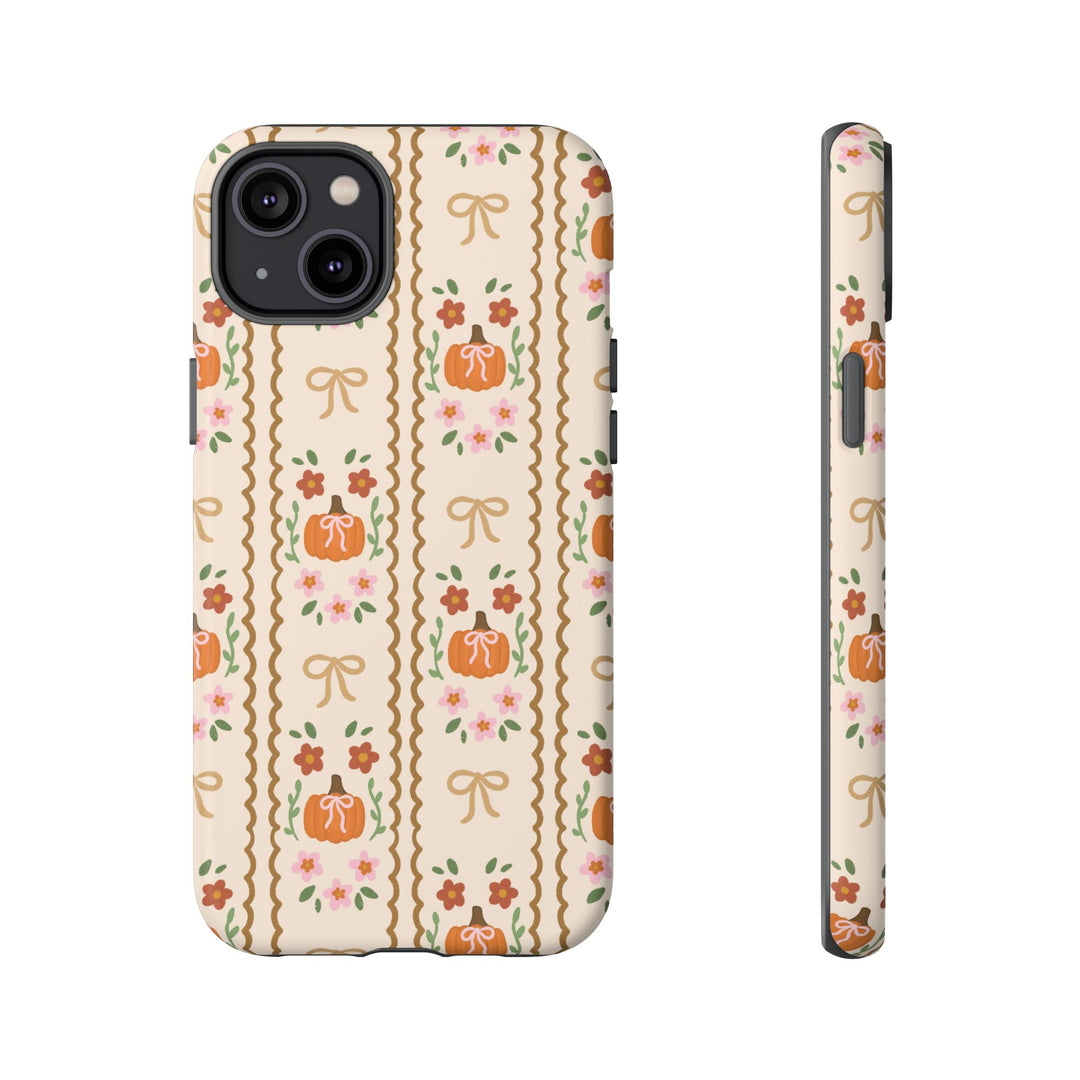 Girly Fall Pumpkin Bow Tough iPhone Case, Scalloped Floral Autumn Phone Cover, Matte or Glossy