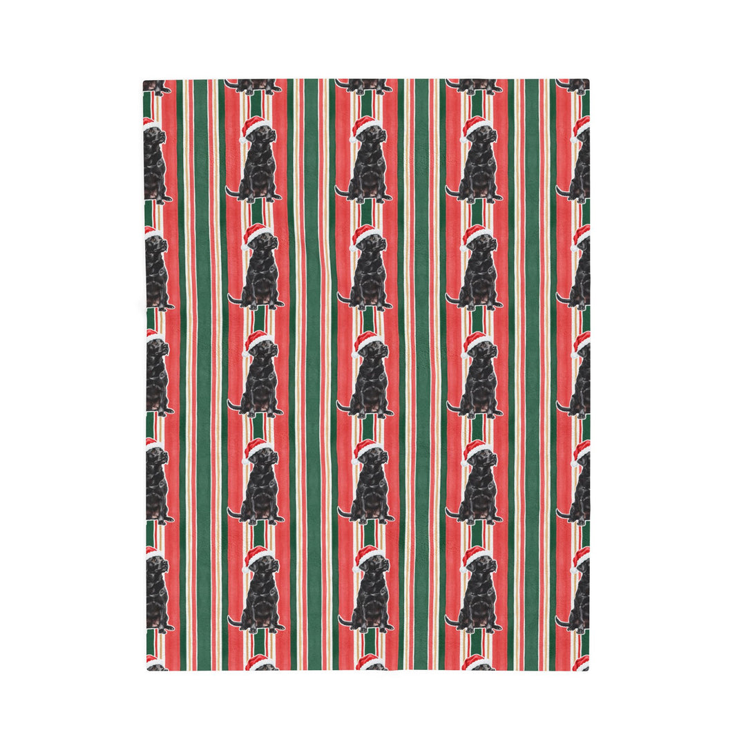 Black Labrador Christmas Velveteen Plush Blanket, Classic Red Green Stripes, Santa Dog Throw