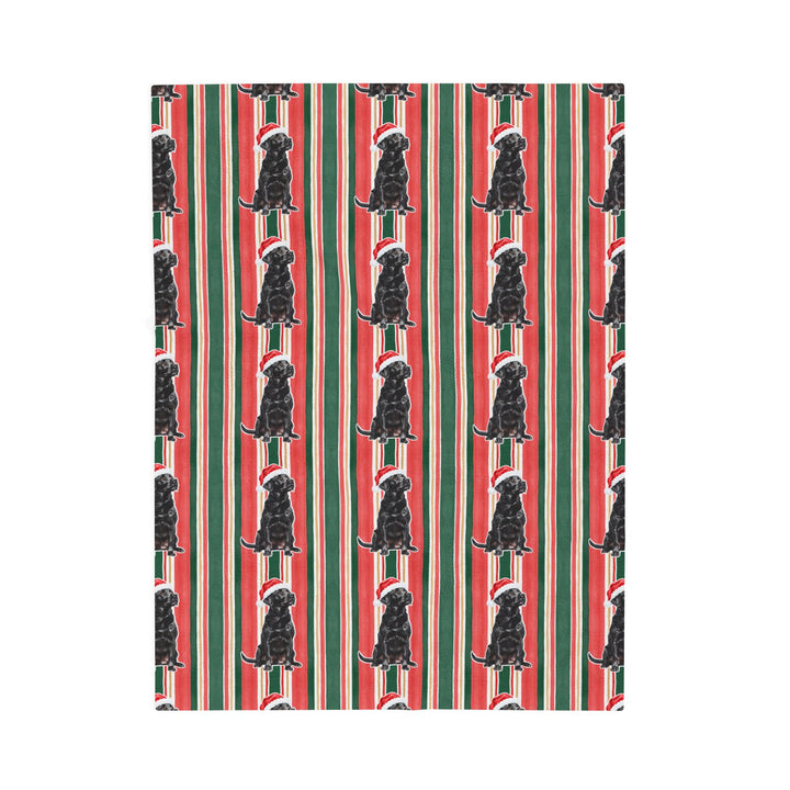 Black Labrador Christmas Velveteen Plush Blanket, Classic Red Green Stripes, Santa Dog Throw
