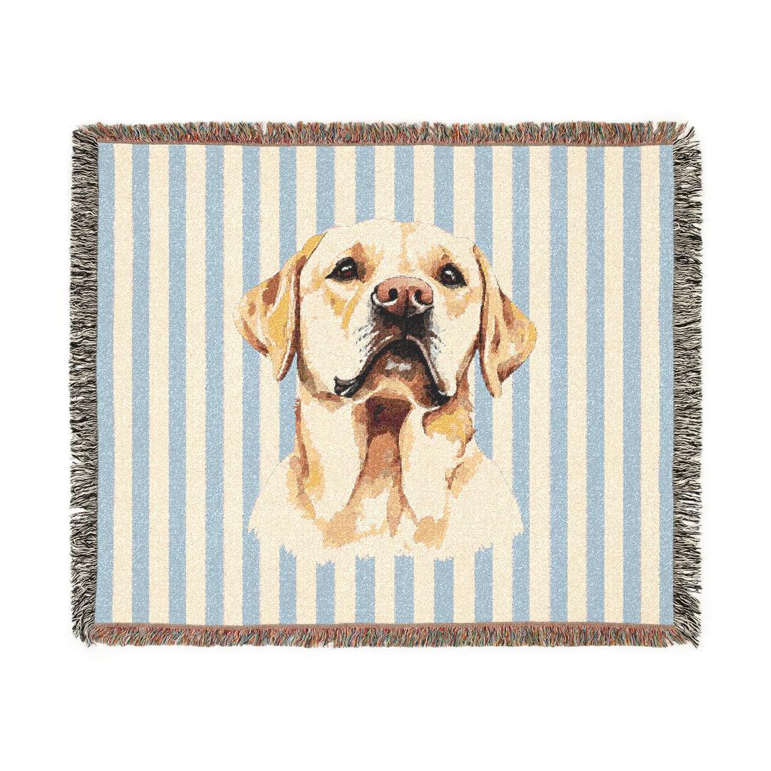 Yellow Lab Woven Blanket, Blue Stripe Cotton Throw, Labrador Mom Gift, 60 x 50