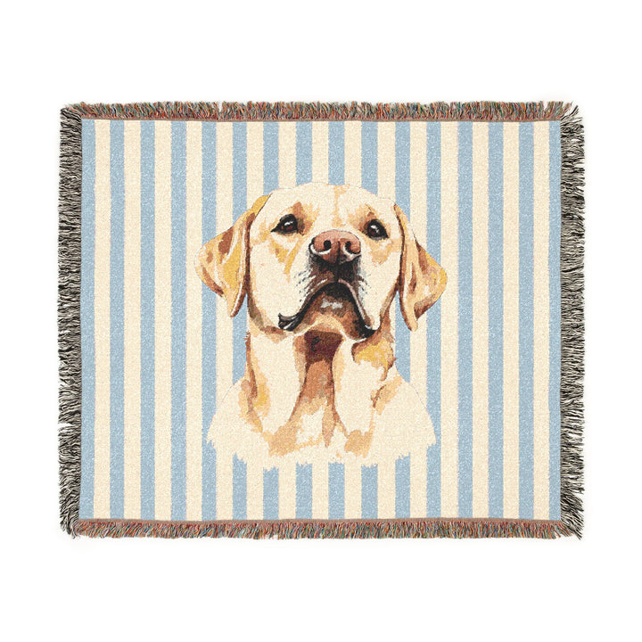Yellow Lab Woven Blanket, Blue Stripe Cotton Throw, Labrador Mom Gift, 60 x 50