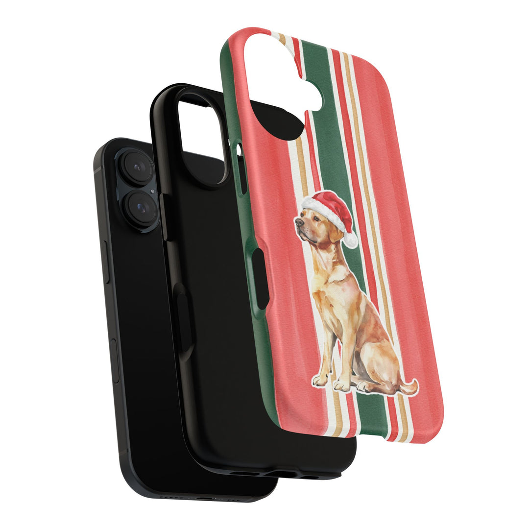 Yellow Labrador Christmas Tough iPhone Case, Classic Red Green Stripes, Santa Dog Phone Cover