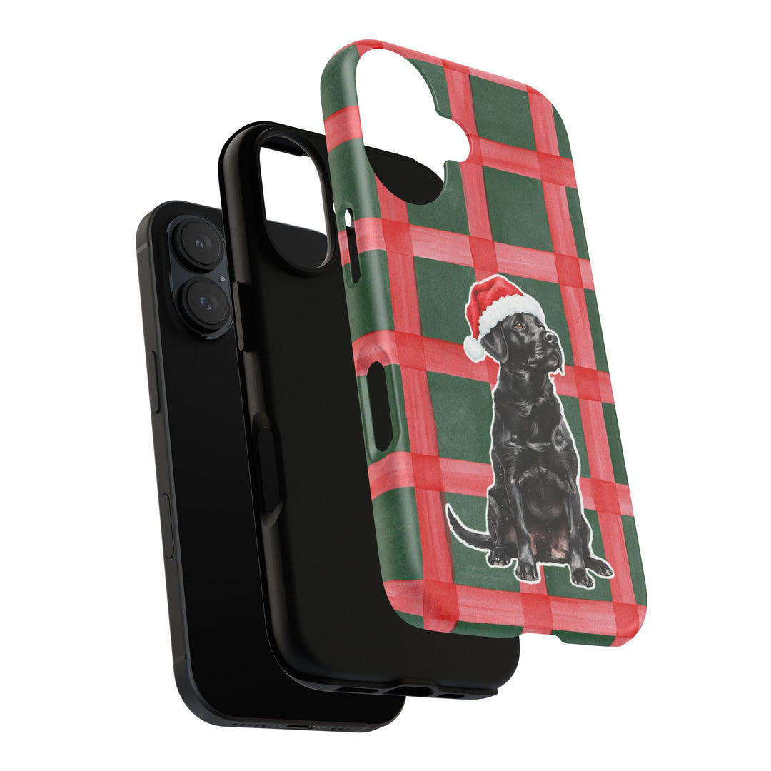 Black Labrador Christmas Tough iPhone Case, Red Green Plaid, Santa Dog Phone Cover