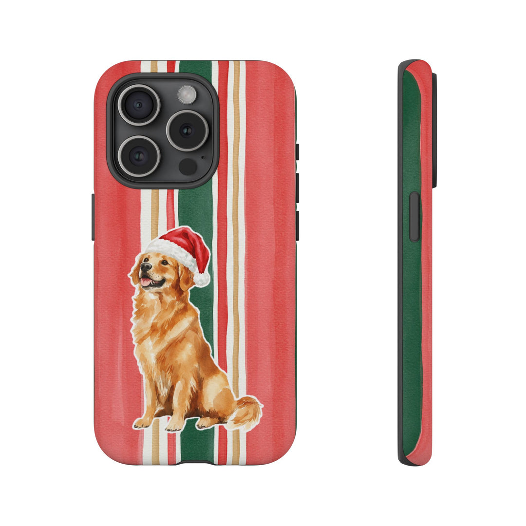 Golden Retriever Christmas Tough iPhone Case, Classic Red Green Stripes, Santa Dog Phone Cover