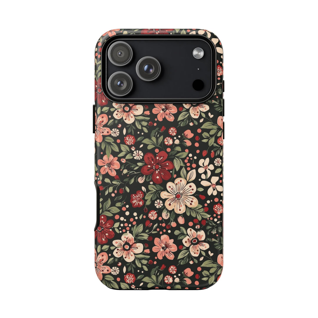 Retro Christmas Floral Tough iPhone Case, Dark Botanical Pink Red Flower Phone Cover, Matte or Glossy