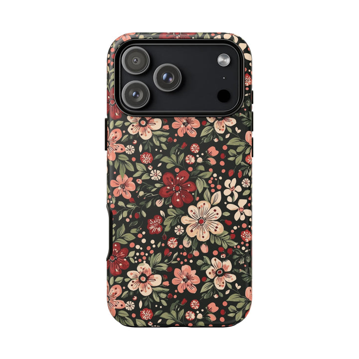 Retro Christmas Floral Tough iPhone Case, Dark Botanical Pink Red Flower Phone Cover, Matte or Glossy