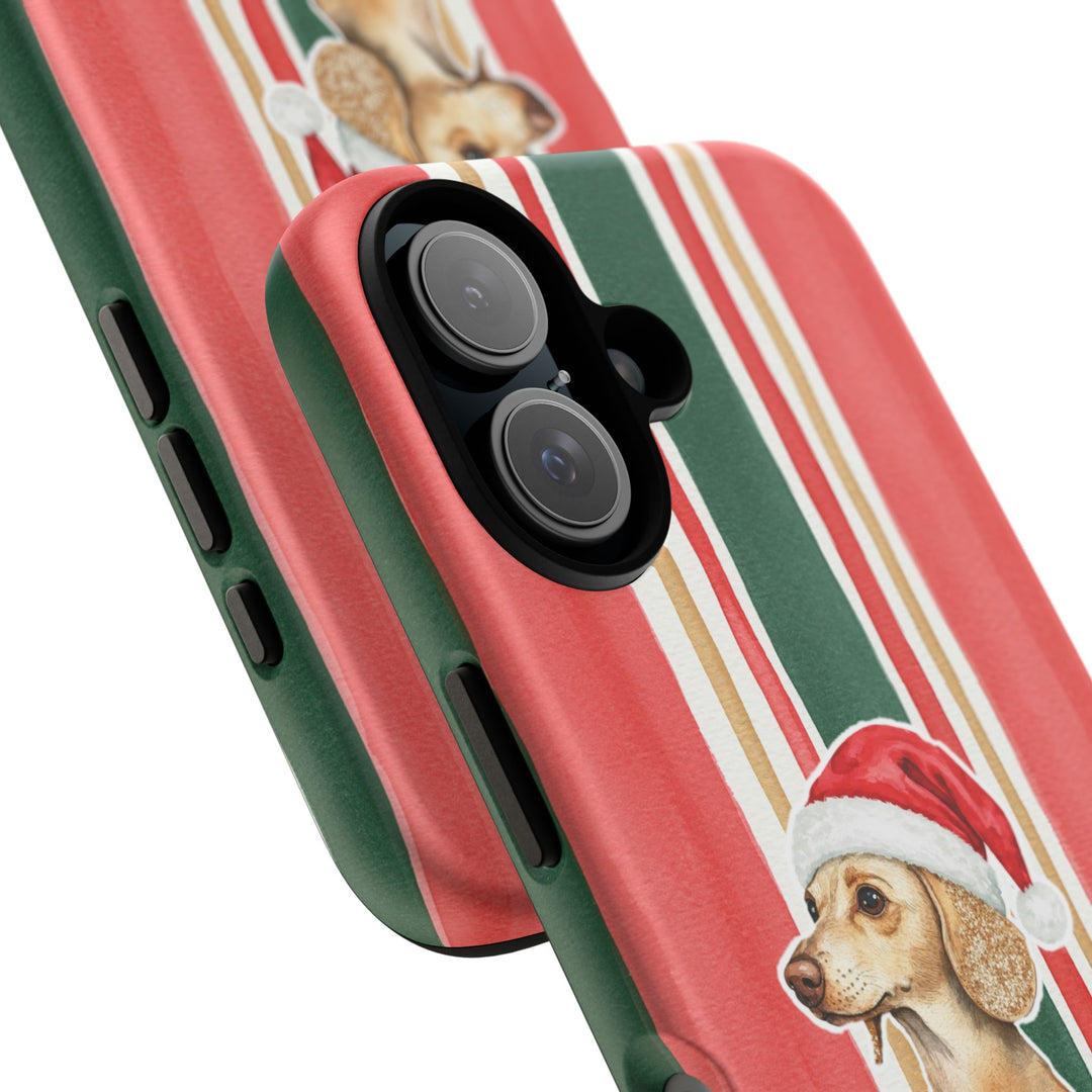 Dachshund Christmas Tough iPhone Case, Classic Red Green Stripes, Santa Dog Phone Cover