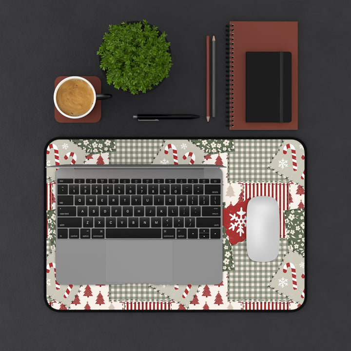 Christmas Patchwork Desk Mat, Red and Sage Floral Gingham Desk Pad, Holiday Large Mouse Pad