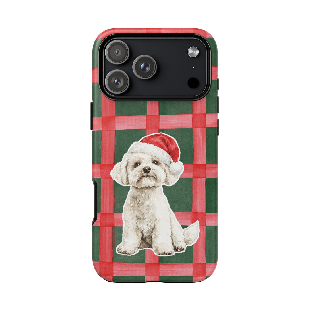 Maltese Christmas Tough iPhone Case, Red Green Plaid, Santa Dog Phone Cover
