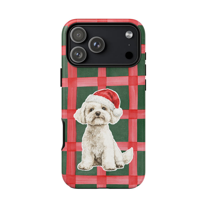 Maltese Christmas Tough iPhone Case, Red Green Plaid, Santa Dog Phone Cover