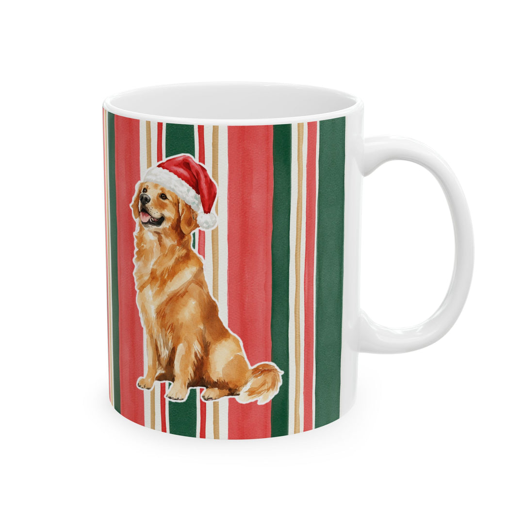 Golden Retriever Christmas Mug, Classic Christmas Stripes, 11oz White Ceramic