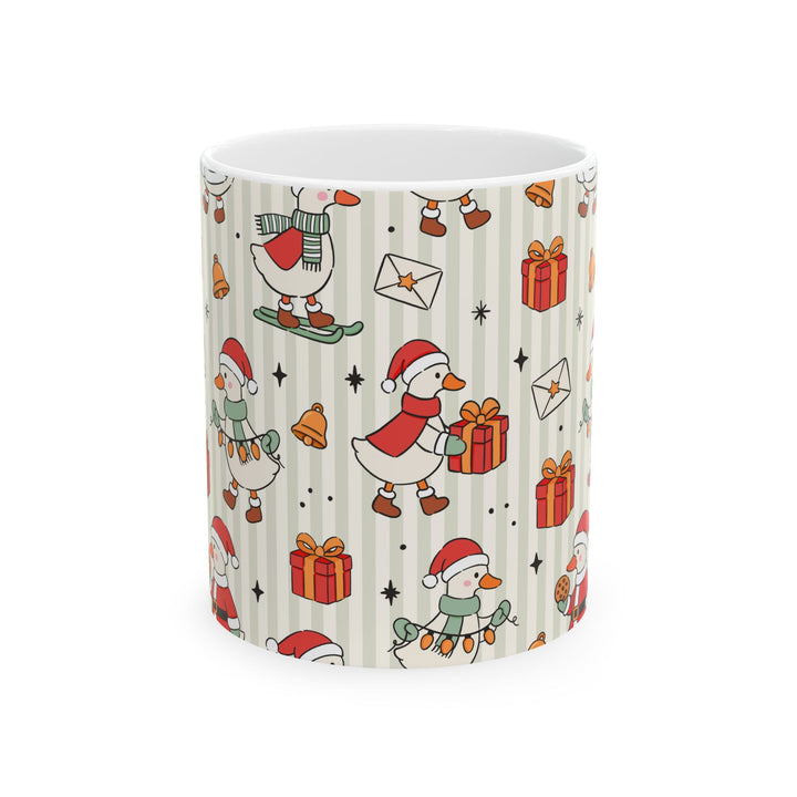 Christmas Goose Ceramic Mug, Cute Holiday Geese Coffee Cup, Sage Stripe Christmas Gift, 11oz and 15oz