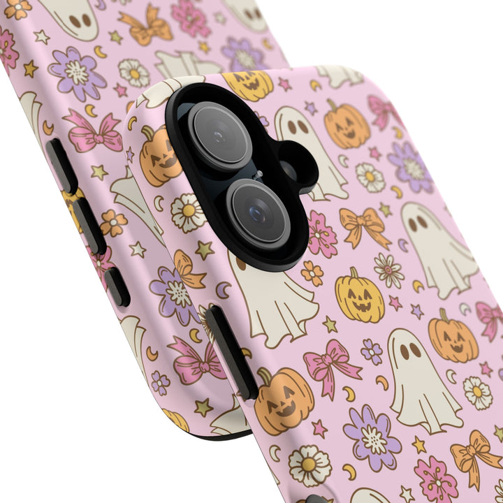 Vintage Ghost Floral Tough iPhone Case, Pink Halloween Pumpkin Bow Phone Cover, Matte or Glossy