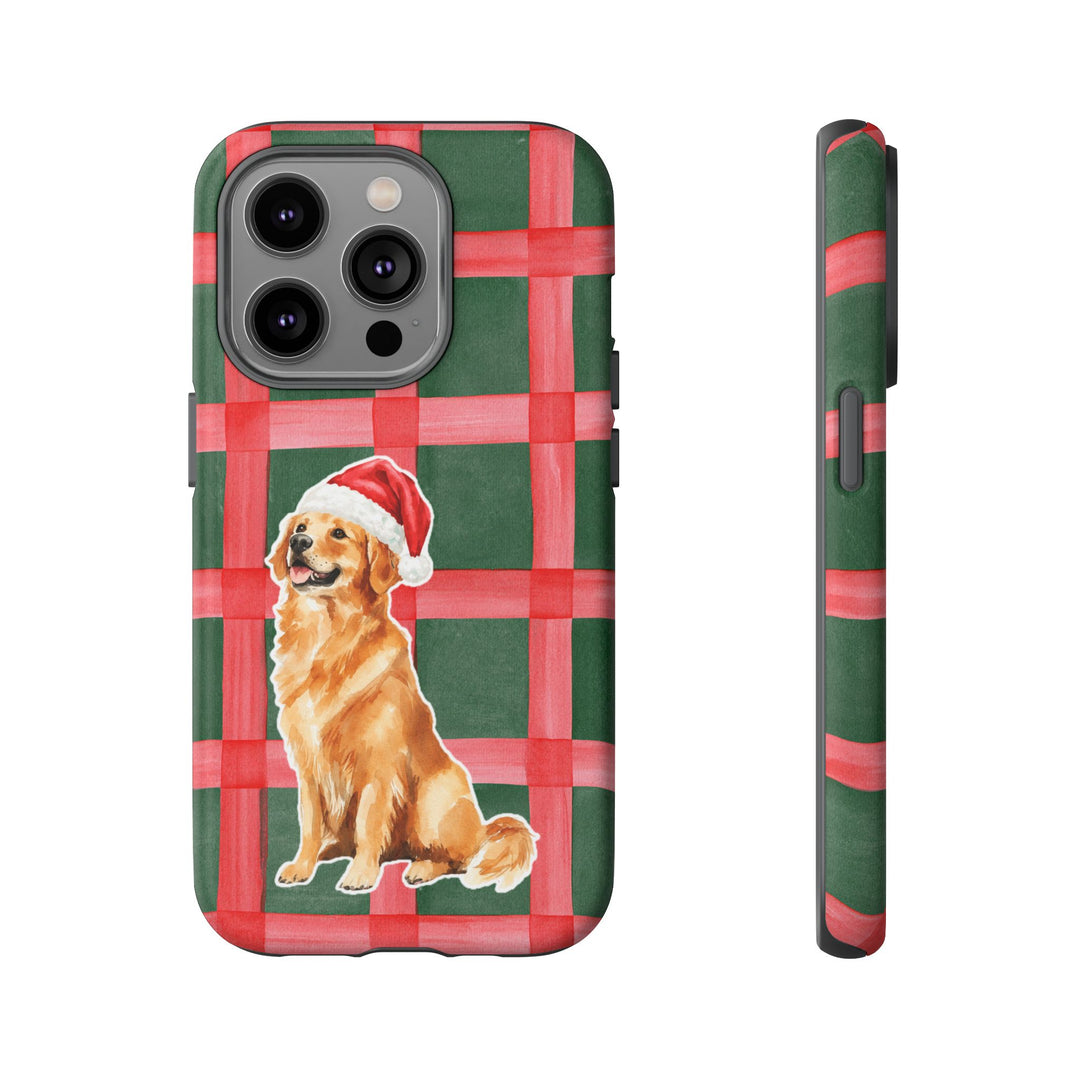 Golden Retriever Christmas Tough iPhone Case, Red Green Plaid, Santa Dog Phone Cover