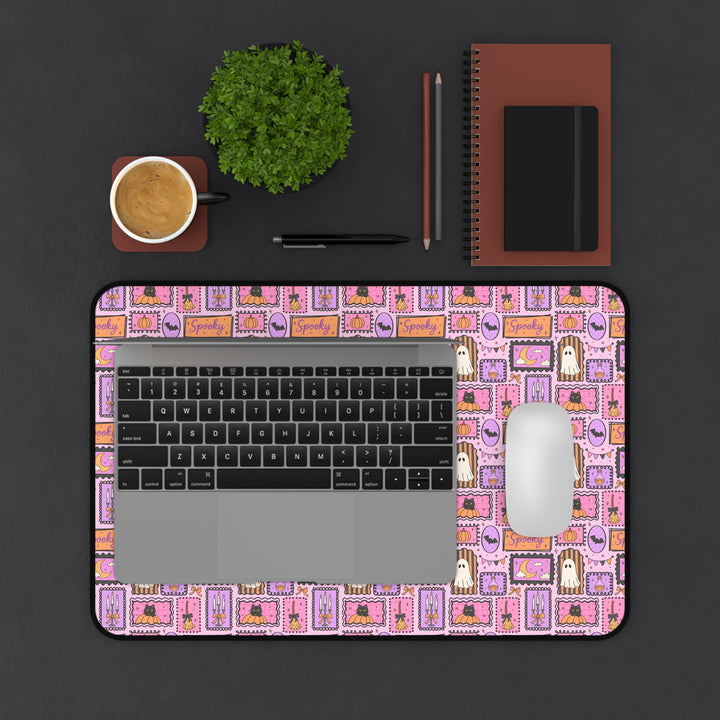 Pink Halloween Frames Desk Mat, Spooky Ghost Black Cat and Pumpkin Desk Pad, Pastel Witchy Large Mouse Pad