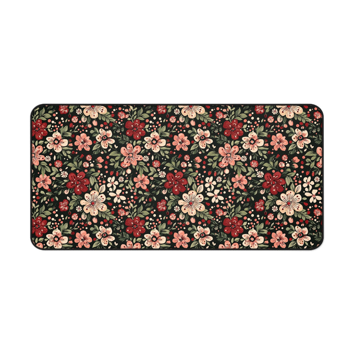 Retro Christmas Floral Desk Mat, Dark Botanical Holiday Desk Pad, Pink and Red Flower Office Decor