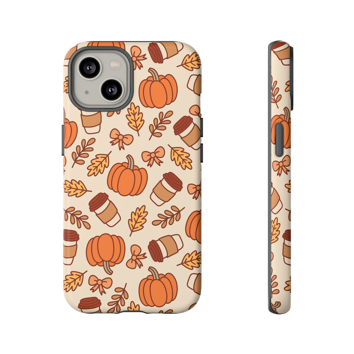 Pumpkin Coffee Tough iPhone Case, Fall Leaves and Bows Autumn Phone Cover, Matte or Glossy
