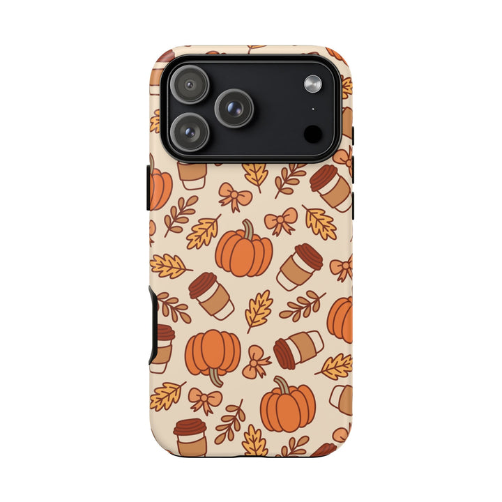 Pumpkin Coffee Tough iPhone Case, Fall Leaves and Bows Autumn Phone Cover, Matte or Glossy