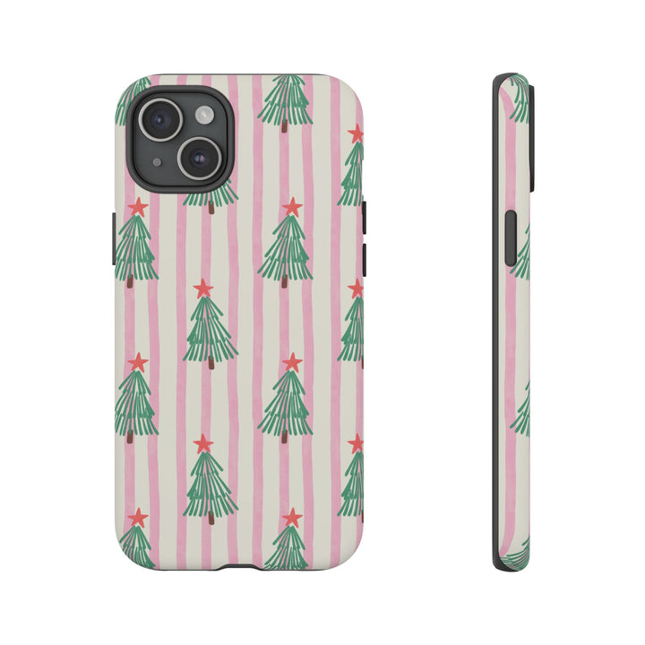 Retro Christmas Tree Tough iPhone Case, Pink Stripe Green Tree Holiday Phone Cover, Matte or Glossy