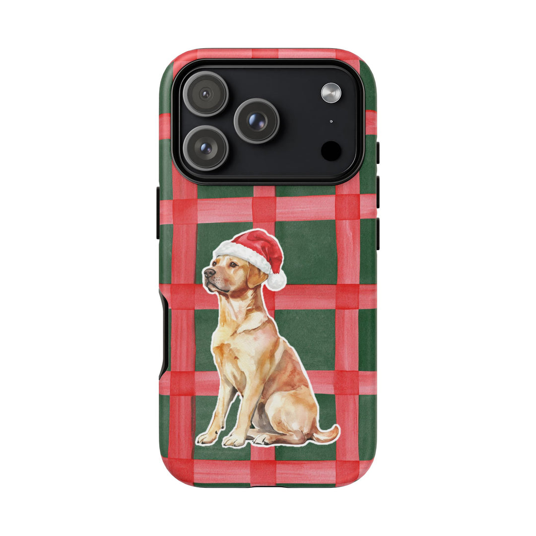 Yellow Labrador Christmas Tough iPhone Case, Red Green Plaid, Santa Dog Phone Cover