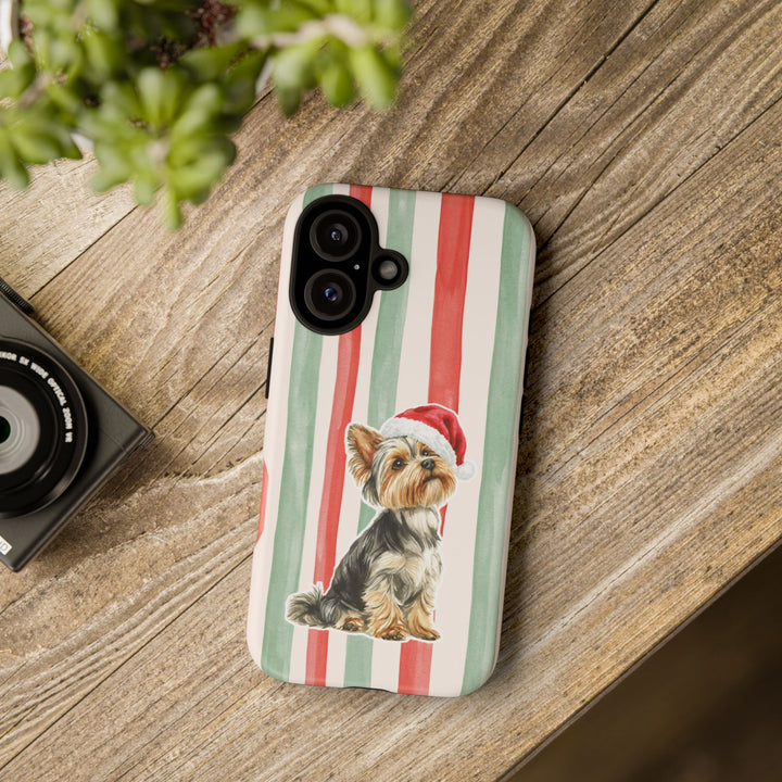 Yorkshire Terrier Christmas Tough iPhone Case, Red Sage Stripes, Santa Dog Phone Cover