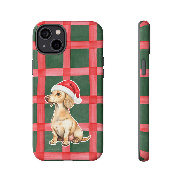 Dachshund Christmas Tough iPhone Case, Red Green Plaid, Santa Dog Phone Cover