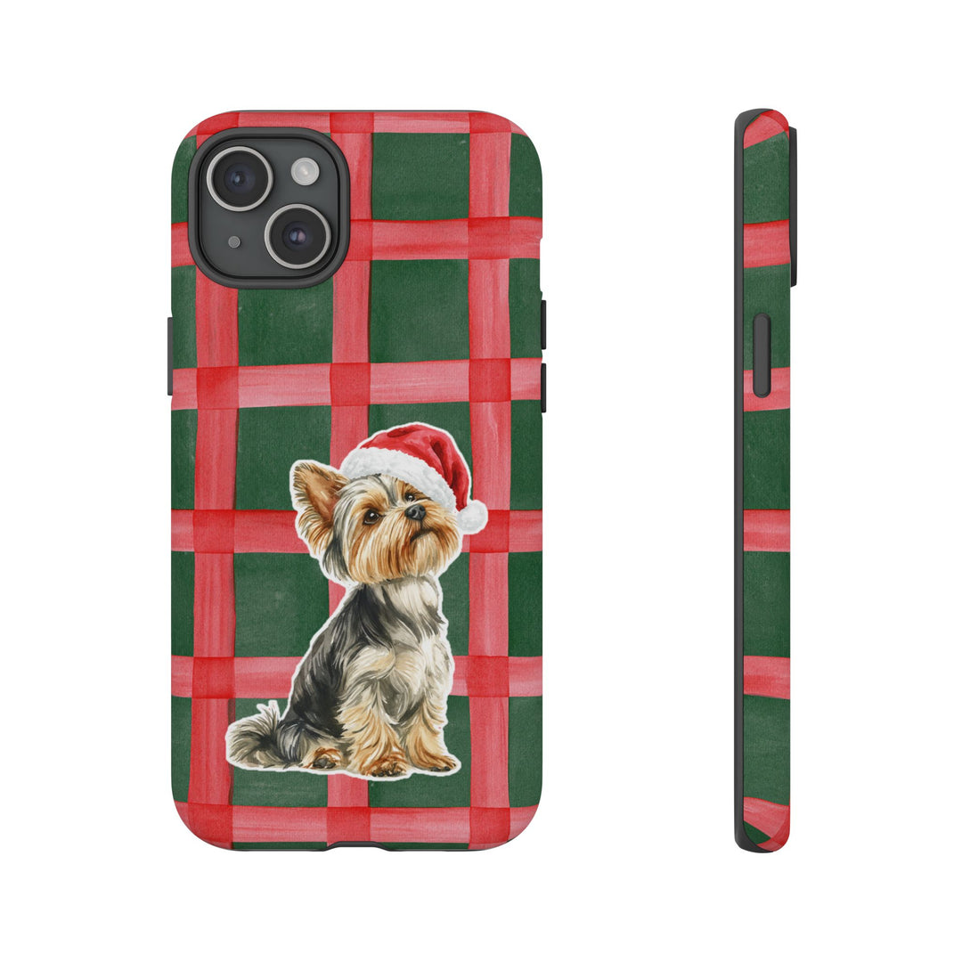 Yorkshire Terrier Christmas Tough iPhone Case, Red Green Plaid, Santa Dog Phone Cover