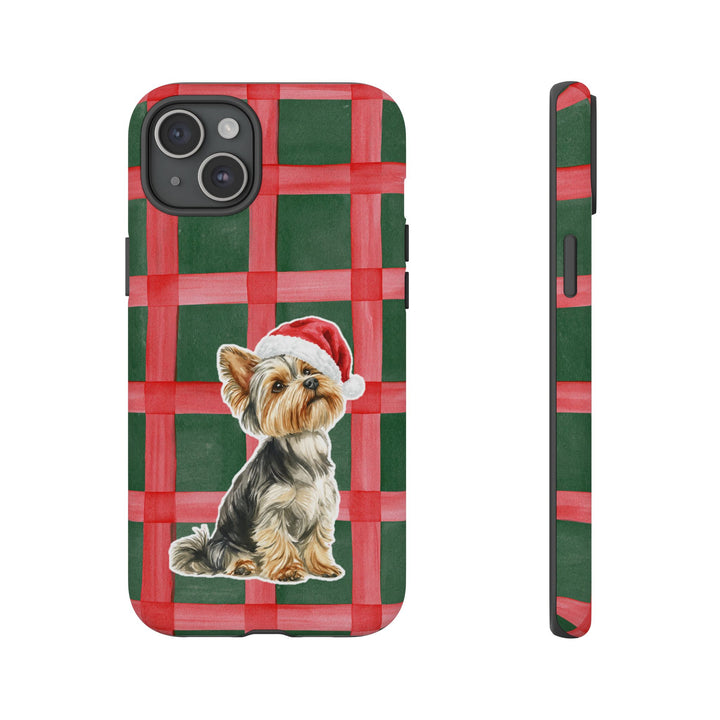 Yorkshire Terrier Christmas Tough iPhone Case, Red Green Plaid, Santa Dog Phone Cover