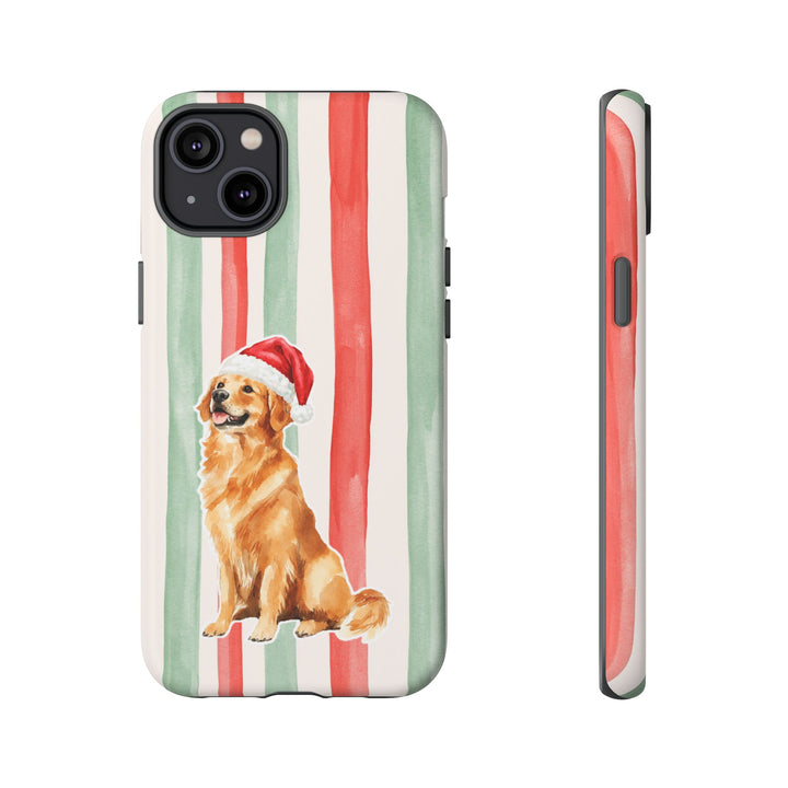 Golden Retriever Christmas Tough iPhone Case, Red Sage Stripes, Santa Dog Phone Cover