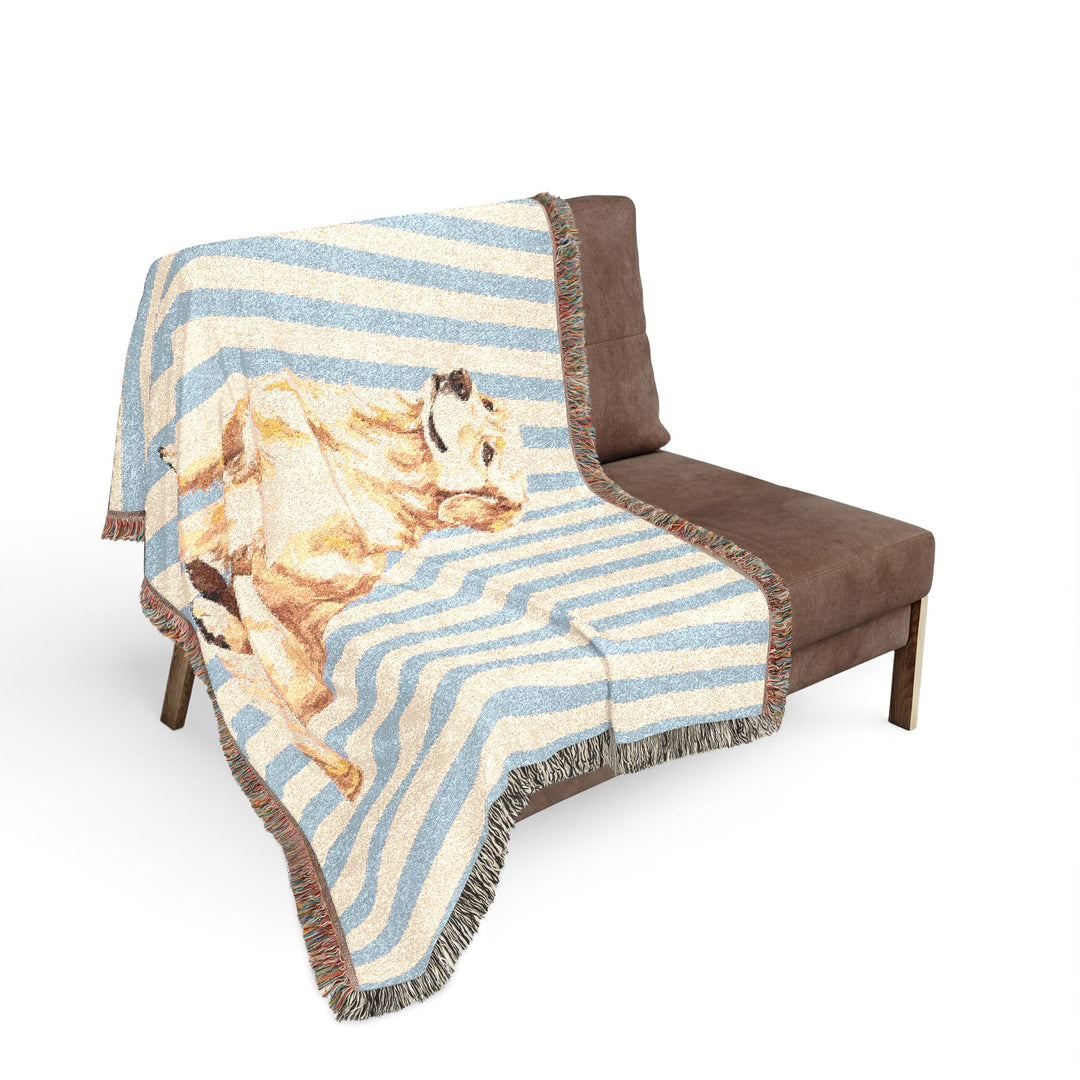 Golden Retriever Woven Blanket, Blue Stripe Cotton Throw, Golden Retriever Mom Gift, 60 x 50