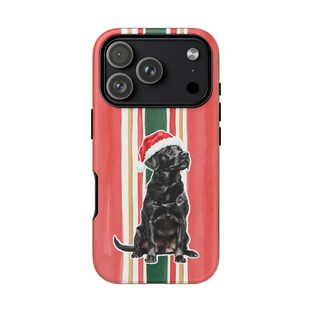 Black Labrador Christmas Tough iPhone Case, Classic Red Green Stripes, Santa Dog Phone Cover
