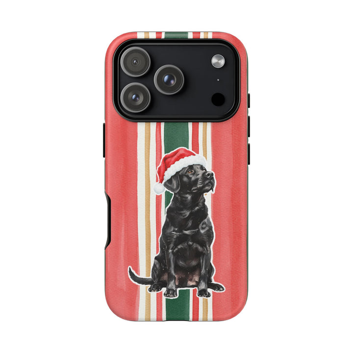 Black Labrador Christmas Tough iPhone Case, Classic Red Green Stripes, Santa Dog Phone Cover