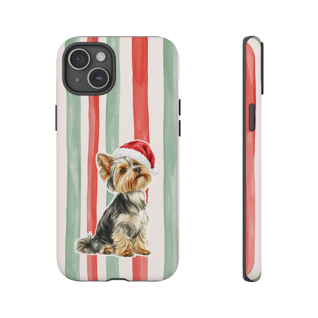 Yorkshire Terrier Christmas Tough iPhone Case, Red Sage Stripes, Santa Dog Phone Cover
