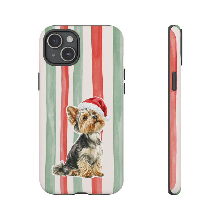 Yorkshire Terrier Christmas Tough iPhone Case, Red Sage Stripes, Santa Dog Phone Cover
