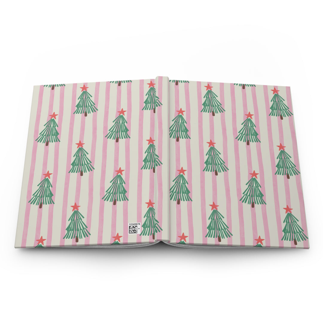 Retro Christmas Tree Hardcover Notebook, Pink Stripe Lined Journal, Cute Holiday Stationery Gift