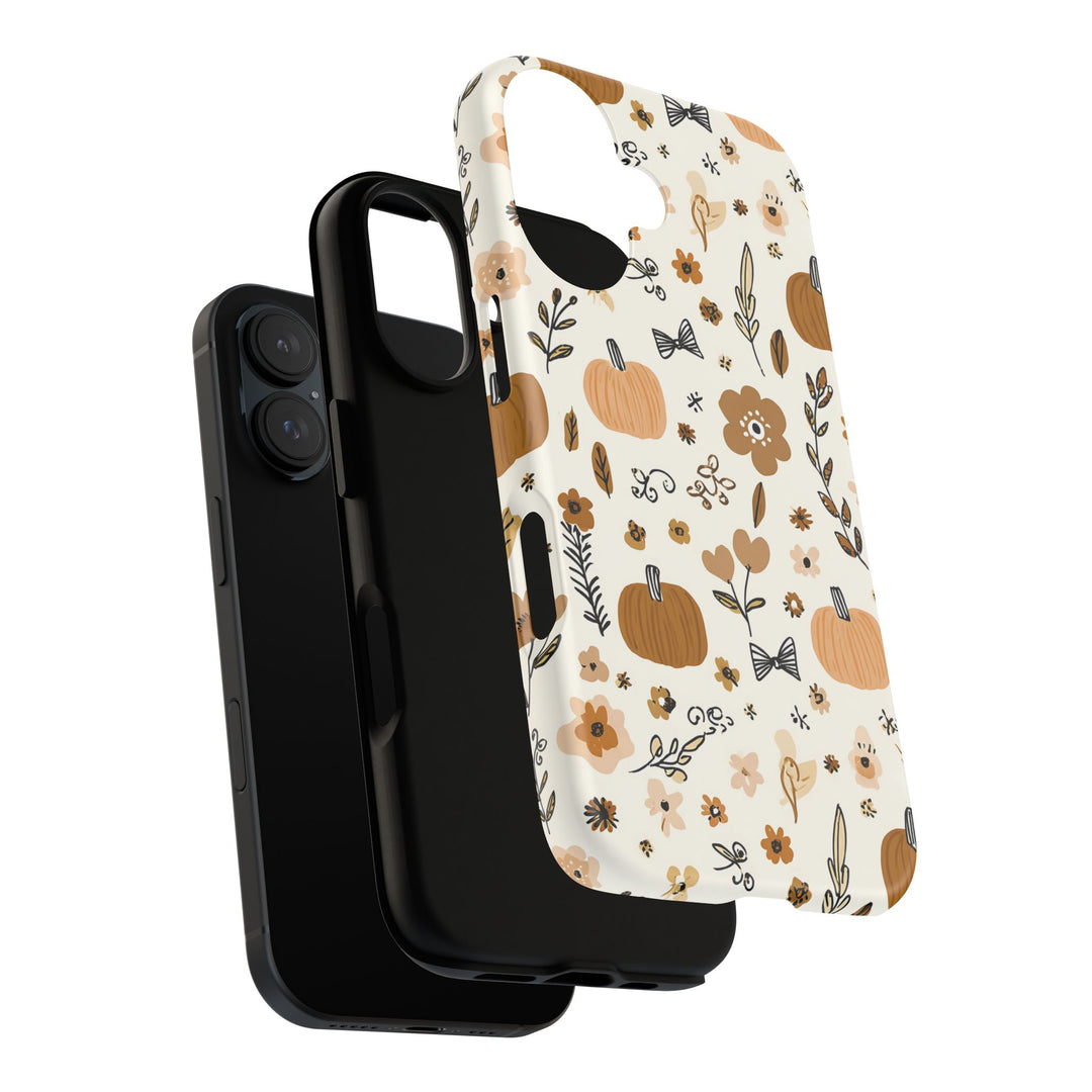 Pumpkin Floral Tough iPhone Case, Autumn Bows Phone Cover, Cream Fall Botanical Case, Matte or Glossy