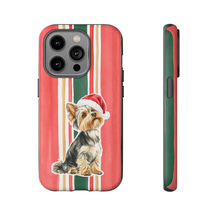Yorkshire Terrier Christmas Tough iPhone Case, Classic Red Green Stripes, Santa Dog Phone Cover