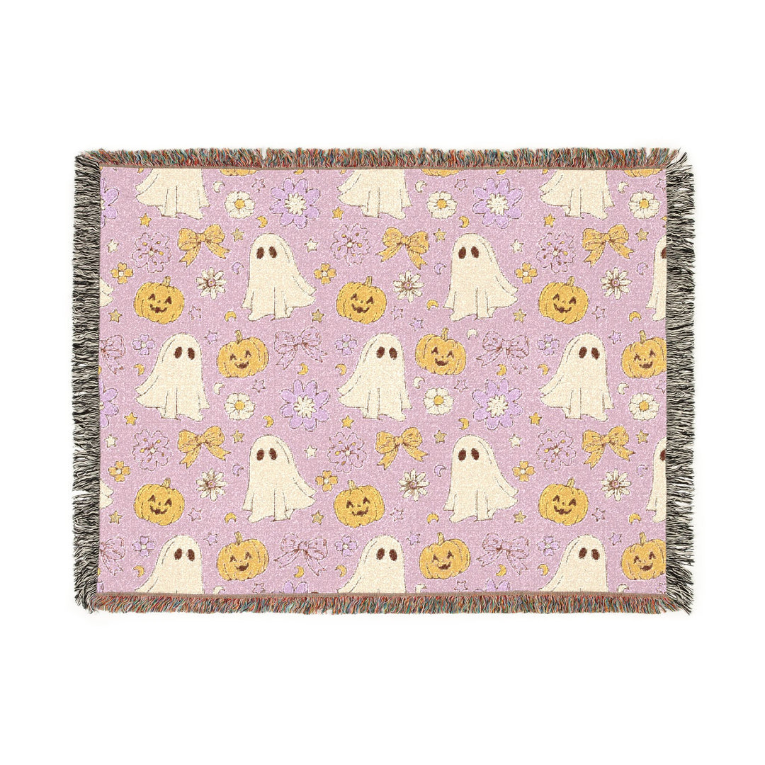Pink Ghost Bow Woven Blanket, Floral Pumpkin Halloween Cotton Throw, Cute Pastel Spooky Home Decor