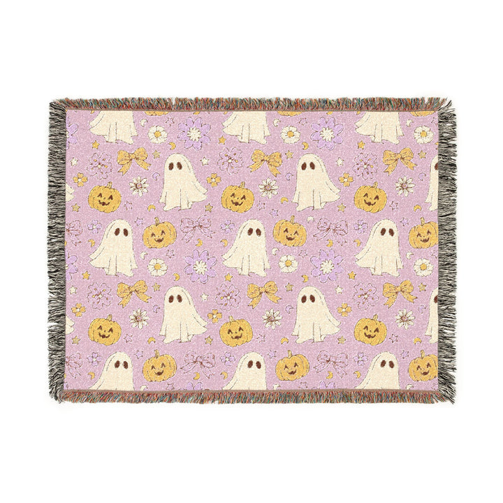Pink Ghost Bow Woven Blanket, Floral Pumpkin Halloween Cotton Throw, Cute Pastel Spooky Home Decor