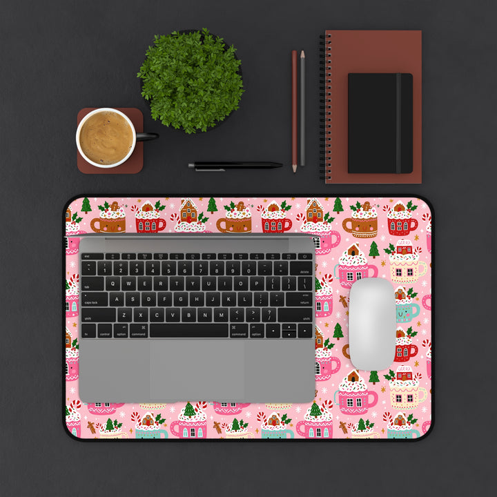 Pink Christmas Cocoa Desk Mat, Gingerbread Mug Desk Pad, Cute Holiday Large Mouse Pad
