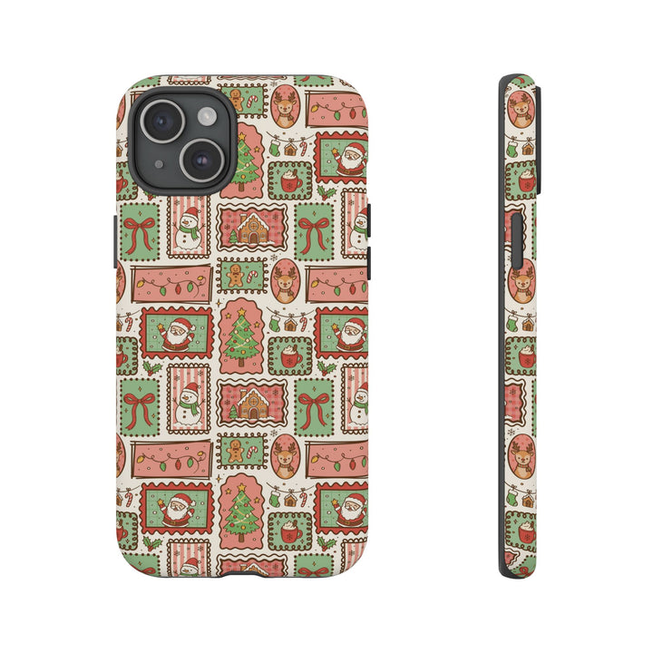 Vintage Christmas Frames Tough iPhone Case, Santa Snowman Gingerbread Holiday Phone Cover, Matte or Glossy
