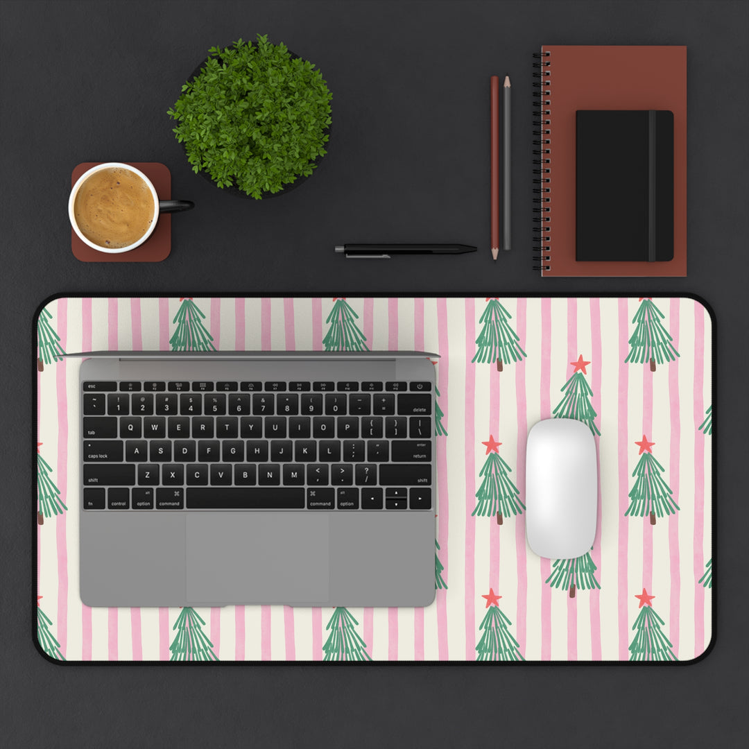 Retro Christmas Tree Desk Mat, Pink Stripe Holiday Desk Pad, Green Trees and Red Stars Office Decor